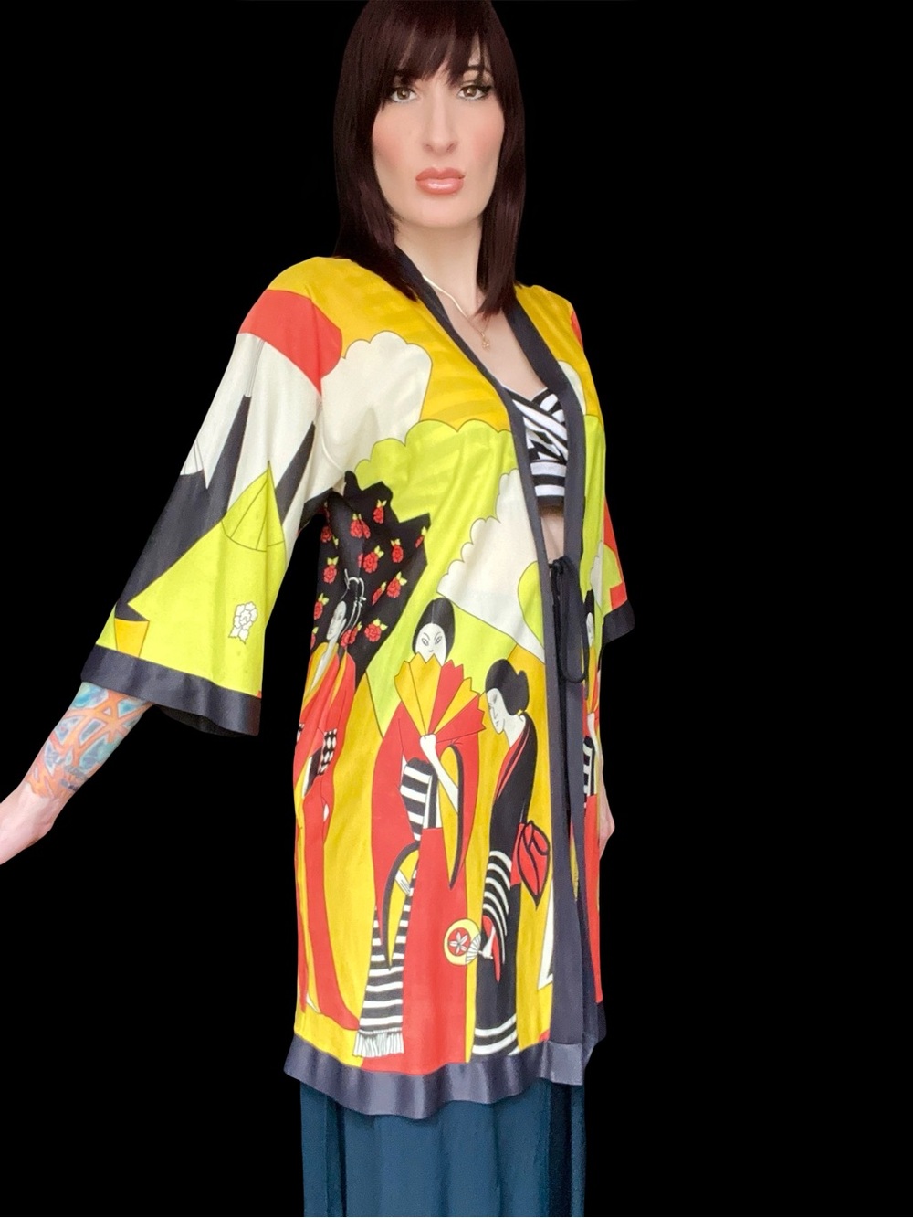 Vintage 1960's Japanese Geisha Novelty Print Pop Art Geometric Kimono Jacket - Picture 4 of 12